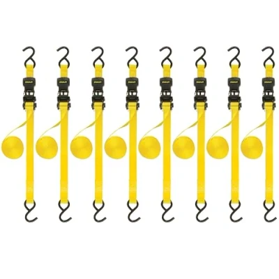 Image de Stanley S1000 Lot de 8 Sangles d&#039;arrimage à cliquet 1 po x 3 m Transport cargaisons légères (résistance la Rupture 0,7 kg) Noir/Jaune