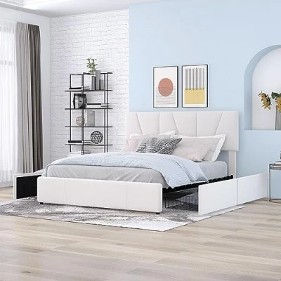 Image de ModernLuxe Lit Simple/Double en Velours capitonné avec tiroirs, Dossier et sommier à Lattes Tête de réglable Hauteur d&#039;adolescent (sans Matelas) Beige D, 140 x 200 cm