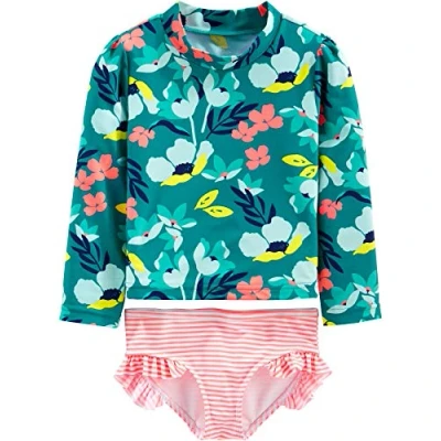 Image de Simple Joys by Carter&#039;s 2 Piece Assorted Rashguard Sets Ensemble, Rose Rayures/Vert Fleuri, 4 Ans Bébé Fille