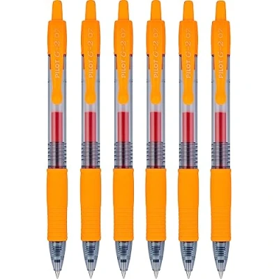 Image de Pilot G2 7 Lot de 6 stylos à bille rétractables et rechargeables Encre gel orange Pointe 0,7 mm/trait 0,39 mm