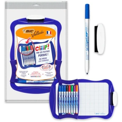 Image de BIC Velleda Ardoise Ecolier Double Face (21 x 31 cm) Effaçable à Sec avec 8 Feutres Effaçables et Effacette Bleue, Lot de 1