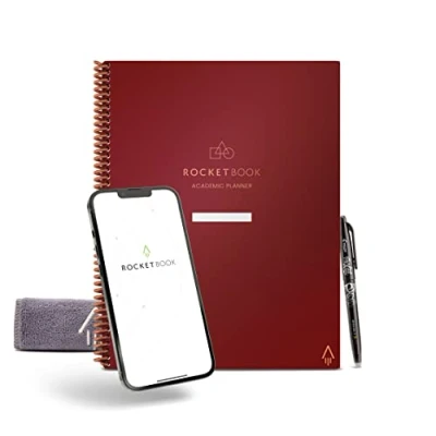 Image de ROCKETBOOK Planificateur académique intelligent réutilisable format A4, carnet numérique pour étudiants et enseignants, journal universitaire quotidien, hebdomadaire, mensuel, 13 types de pages,