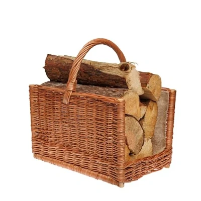 Image de BOGATECO Panier à bois de chauffage carré en osier avec poignée 45 x 30 cm Tissé la main doublé jute