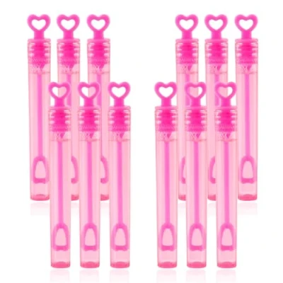 Image de Lot de 12 mini tubes à bulles en forme cœur rose avec solution liquide 4 ml et baguettes soufflage, cadeaux mariage, anniversaires d&#039;enfants, jouets pour enfants (cœur rose)