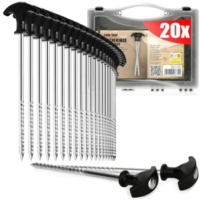 Image de com four® 20x piquets de Tente en Acier Sol Robustes avec Filetage dans la boîte Transport, pour Le Camping et l&#039;extérieur idéal Les sols normaux durs, poignée T