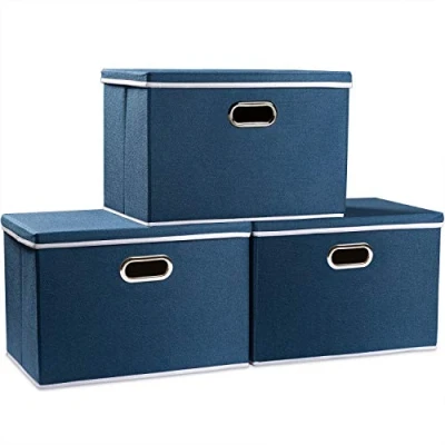 Image de Prandom Grands bacs de rangement pliables en lin avec couvercles pour la maison, le bureau [lot 3] bleu royal (45 x 30 cm)