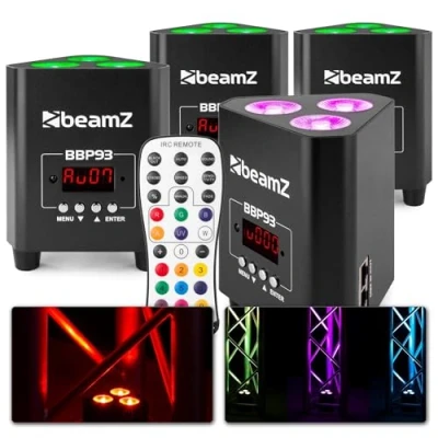 Image de BeamZ BBP93 Lot de 4 Projecteurs Uplight PAR sur Batterie RGBW DMX 30 Watts, 7 Heures d&#039;Autonomie, Télecommande, Idéal pour Éclairage Salle, Mariage, Jardin, Architecture, Hôtel, Restaurant