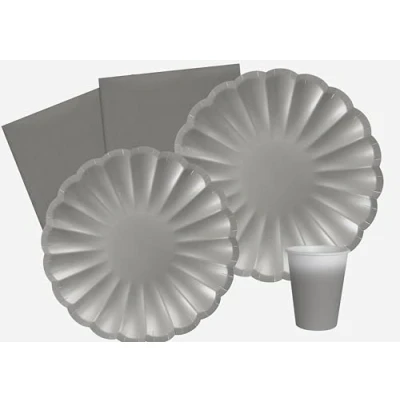 Image de Ciao Kit Table Fête Party Flower Shape pour 24 Personnes (112 pièces: Assiettes Ø23cm, Ø18cm, gobelets 200ml, 40 Serviettes 33x33cm) en Papier compostable eco Friendly, Argent