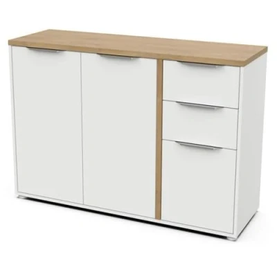 Image de Demeyere Buffet Moderne 3 Portes &amp; 2 Tiroirs Style Scandinave Coloris Blanc Mat Chêne Hamilton 121,5 x 39,6 85,6 cm