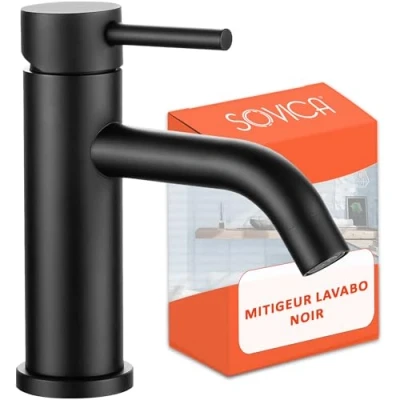 Image de Mitigeur lavabo noir acier inox eau chaude et froide avec 2 flexibles inclus robinet salle bain de