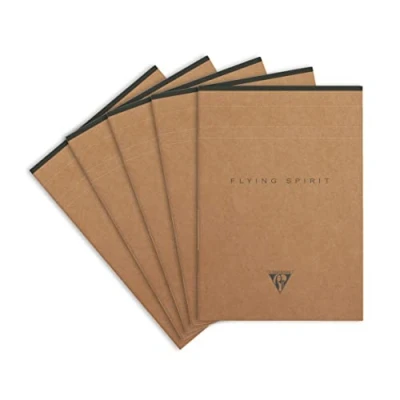 Image de Clairefontaine 103636Cpack Un paquet de 5 blocs encollés en tête Flying Spirit Kraft 140 pages ivoire détachables 14,8x21cm 90g lignées, couverture brun, finition anthracite, motifs assortis