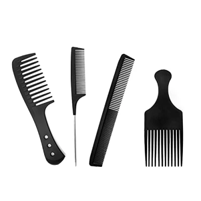 Image de Ensemble de 4 peignes coiffure antistatiques en fibre carbone résistant à la chaleur, peigne dents larges/peigne fines acier, adapté tous les styles cheveux.