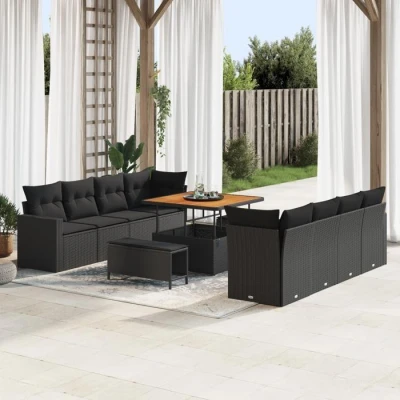 Image de Ensemble de Canapé Jardin 11 pièces vidaXL avec Coussins Noir Poly Rattan Acacia, Salle à Manger 3361594
