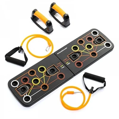 Image de InnovaGoods Multifonction Push Up Board avec Bandes de Résistance Guide d&#039;Exercices, Adhésifs Antidérapants, Montage Facile, Jaune, ABS, PP, Caoutchouc