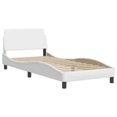 Image de vidaXL Cadre de Lit avec Tête Lit, Rembourré Sommier à Lattes, Simple Pied, Adulte Chambre, Blanc 90x200 cm Similicuir