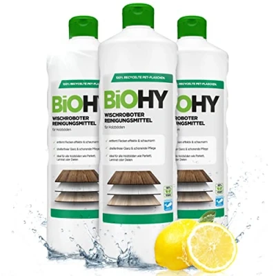 Image de BiOHY Agent de nettoyage des robots d’essuyage (3 x 1l Bouteille) Nettoyant pour tous les planchers en bois parquet et stratifié Concentré économique (Wischroboter Holz)