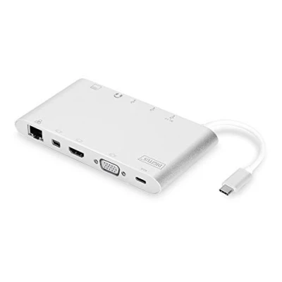 Image de Digitus Assmann Electronic Universal Docking Station USB 3.1 Type C 4K HDMI MiniDP VGA 1x PD 3X USB3.0 RJ45 MicroSD SD/MMC Aluminum sidabrinis