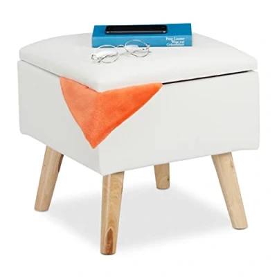 Image de Relaxdays Tabouret et Espace de Rangement, Cuir synthétique, HlP: 40x40x40 cm, Couvercle, dé siège rembourré, Blanc.