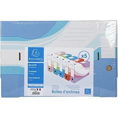 Image de Exacompta Réf. 79530E Lot de 5 boîtes archive en intérieur kraft Dos 80 mm Dimensions 25 x 35 cm Pour format A4 Couleurs assorties, beige, bleu, rose, rouge et vert Livrées à plat