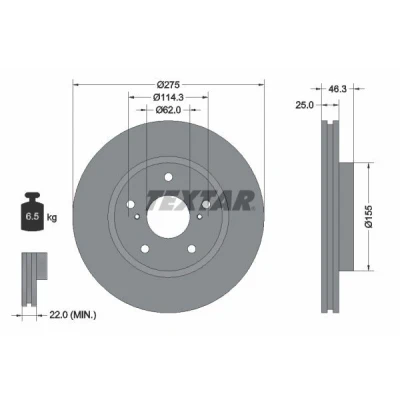 Image de TEXTAR PRO 92232703 Disque de frein 275 25 05/07 114,3 ventilé l&#039;intérieur revêtu sans boulon fix roue, moyeu roue
