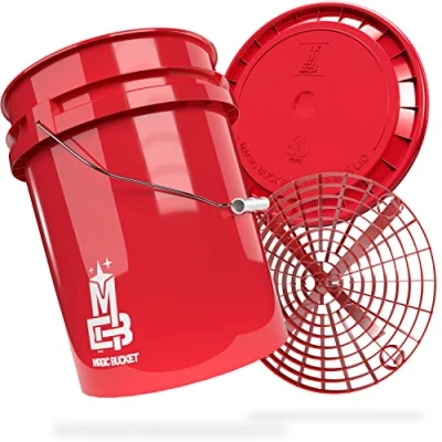 Image de MAGIC BUCKET Ensemble de lavage à la main pour voiture seau Avec couvercle assorti 5 US GALLONEN env. 20 litres Grit Guard Kit Rouge/rouge