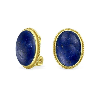 Image de 7Ct Cabochon Ovale Lapis Bleu Azul Cordage Lunette Plaqué Or 14K Jaune .925 Argent Sterling Boucles D&#039;Oreilles Clips Pour Femmes C&#039;Est Un Alliage