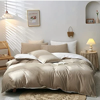 Image de Damier Parure de lit réversible 3 pièces en microfibre ultra douce avec housse couette 220 x 240 cm et 2 taies d&#039;oreiller 80 Beige blanc