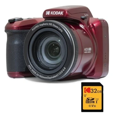 Image de Kodak Pack Bridge Numérique Pixpro Astro Zoom AZ405 + Carte SDHC Ultra High Speed U1 32GB Appareil Photo 20 mégapixels, X40, Grand Angle, LCD, Vidéo Full HD 1080p, OIS, Pile AA Rouge