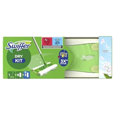 Image de Swiffer Balai Attrape Poussière, Kit De Démarrage, Lingettes Sèches Et Imprégnées Pour Le Parquet Inclut : 1 Balai, 8 Sèches, 3