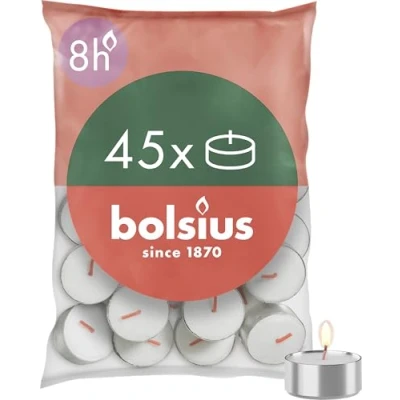Image de Bolsius D Light Lot de 45 Bougies Chauffe Plat Dans un Sachet Durée Combustion: 8 Heures Décoratives Blanches Contient la Cire Végétale Naturelle Sans Huile Palme