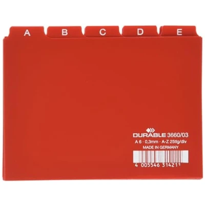 Image de Durable 366003 Jeu de 25 Intercalaires Format A6 Paysage avec Divisions 5/5 Onglets Imprimés A Z Polypro Coloris Rouge