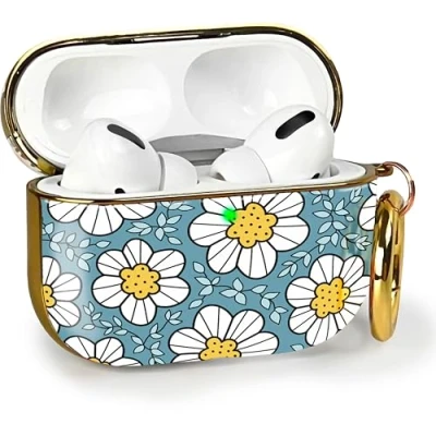 Image de MyGadget Coque [ Motif Floral ] Compatible avec Apple Airpods Pro 2e Génération (2022) Boîtier Recharge à Induction Case Mousqueton &amp; LED Visible Étui Bleu