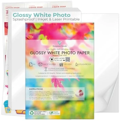Image de Evergreen Goods Lot de feuilles papier photo autocollant blanc brillant A4 Impression résistante aux éclaboussures Imprimable à jet d&#039;encre et laser (20 Feuilles)