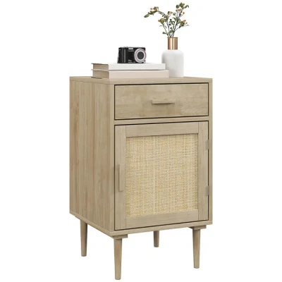 Image de Table de chevet HOMCOM avec placard et étagère porte rotin tissé + 1 tiroir design bohème 40 x 68,5 cm naturel