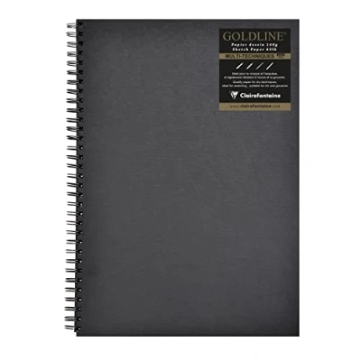 Image de Clairefontaine 34264C Carnet Spiralé Goldline 64 Feuilles Papier Dessin Noir A3 29,7x42 cm 140g Format Portrait Couverture Rigide Noire Imitation Toile