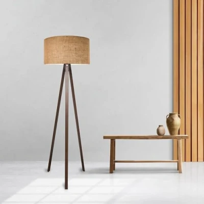 Image de lux.pro Lampadaire Stylé Trépied Lampe sur Pied MDF Tissu Douille E27 Hauteur 140 cm Effet Bois Marron