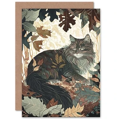Image de Artery8 Norwegian Forest Cat Resting Under Bush Trees Modern Illustration Art Birthday Sealed Greeting Card Plus Envelope Blank inside