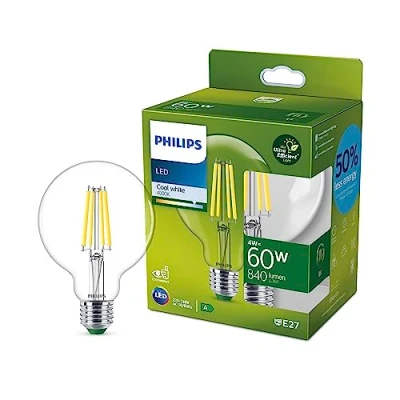 Image de Philips ampoule LED Ultra Efficient Classe A, 60W, format globe, culot E27, blanc froid 4000K, transparente