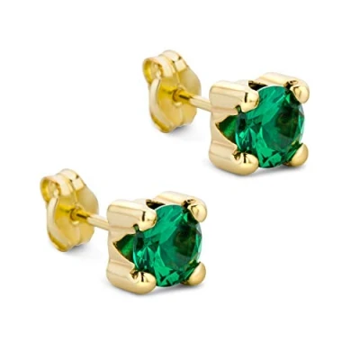 Image de Orovi Bijoux Femmes Boucles d&#039;Oreilles rondes avec Pierre Précieuse émeraude vert Clous en Or Jaune 9 Carat / 375