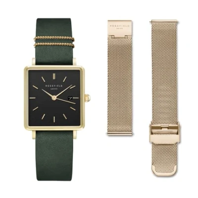 Image de Rosefield Montre The Boxy : Coffret Cadeau doré et Vert avec boîtier carré, Cadran Noir 2 Bracelets BFGMG X237 pour Femme (Noir)