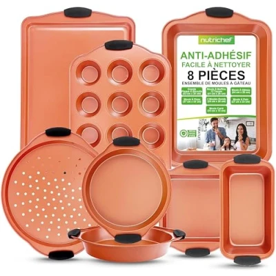 Image de NutriChef, Moules à pâtisserie, Set de Antiadhésif, Plaques Cuisson en acier au carbone flexible,Plaque four avec poignées silicone noir, Lot 8 Sans PFOA,PFOS,PTFE
