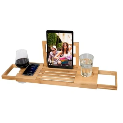 Image de alpina Salle de Bain Planche Bois Plateau 50 92 x 18 4 cm Decoration Bambou avec Support Livre et Porte Tablette INCL. Gobelets