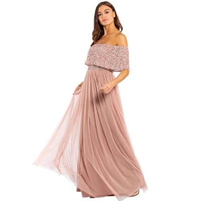Image de Maya Deluxe Femme Soirée Maxi, Longue À Encolure Bardot, Demoiselles Ornée Sequins Robe De D&#039;honneur, Mauve, 36 EU