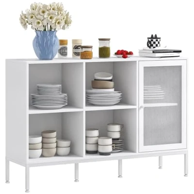 Image de HOMCOM Buffet Meuble de Rangement 4 Compartiments Ouverts et 1 Placard avec Porte en Acier grillagé, étagère réglable 120 cm Blanc