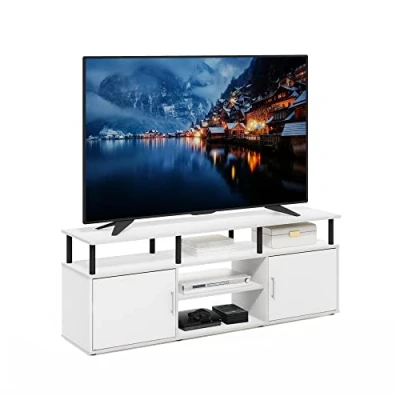 Image de Furinno Jensen Grand Centre de Divertissement, Engineered Wood, Blanc Uni/Noir, 39,9 (D) x 160 (W) 59,4 (H) CM