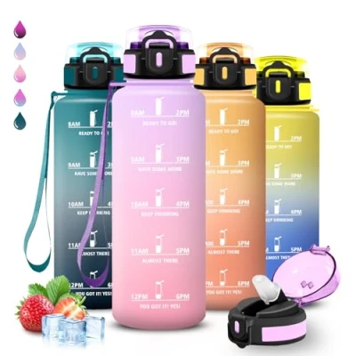 Image de Gourde Sport, 1,5l, Anti Fuite, Bouteille Graduée pour 1 Journee, Facile à Nettoyer, Graduée, avec Slogan de Motivation, Verrou Sécurité, Camping, Randonnée, Aptitude