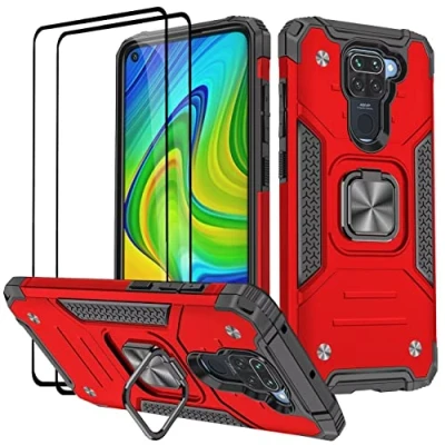 Image de KANSi Coque Compatible pour Xiaomi Redmi Note 9, Verre Trempé [2 Pièces] Housse TPU Silicone Rotation 360 Aimant Anneau Support Double Défense Protection Etui 9 Rouge