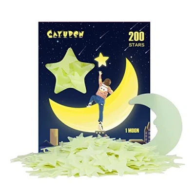Image de 3D Sticker Mural étoile Lumineux, CAYUDEN 201 pcs Muraux Lumineux Stickers Étoiles Phosphorescentes Plafond Enfant Fluorescentes Etoiles Lune Lumineuses pour Chambres Décoration