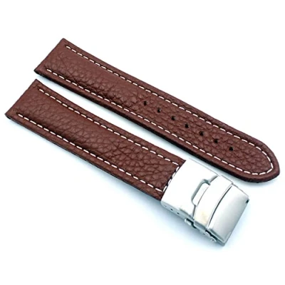 Image de Sulla Bracelet de montre en cuir véritable avec boucle déployante acier inoxydable coutures blanches, 22mm