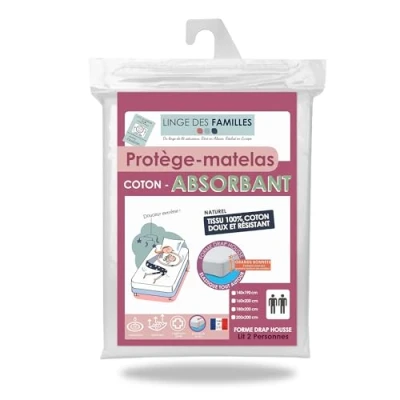 Image de Linge des Familles Protège Matelas 160x200 cm Doux et Absorbant Molleton 100% Coton Grands Bonnets Forme Drap Housse